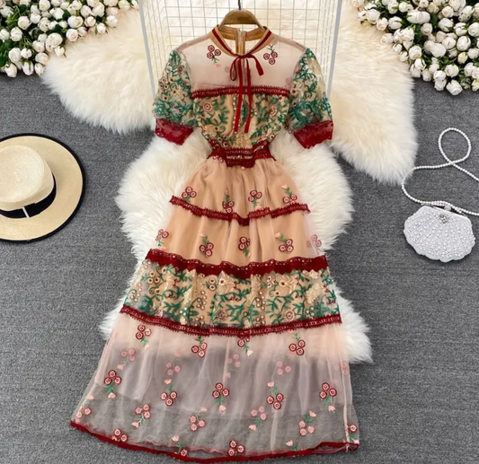 New Summer Celebrities Grace Lace Gauze Vintage Embroidery Night Dress for Women